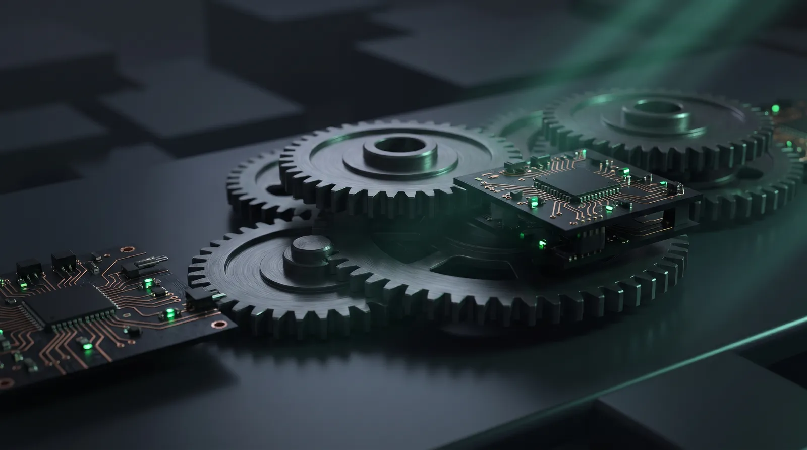 Machined metal gears interlocking with modular circuit boards on dark slate