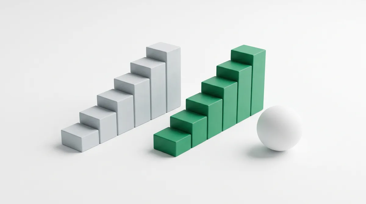 Two rows of ascending pale blocks on white, one row picked out in green, beside a smooth sphere