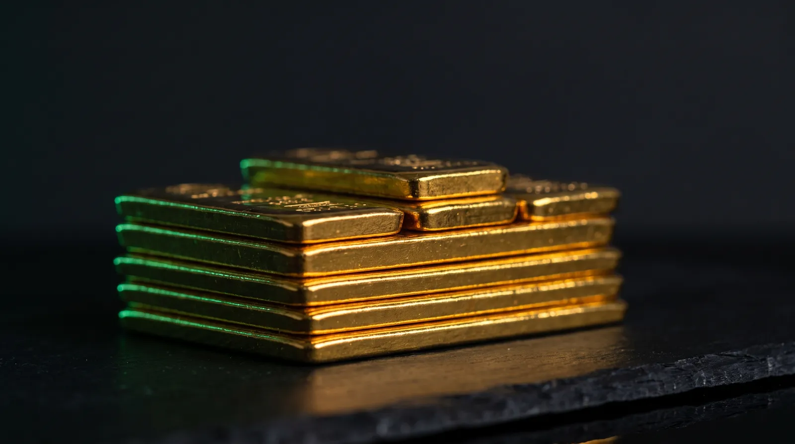 Stacked gold bullion bars on dark slate under low-key studio lighting