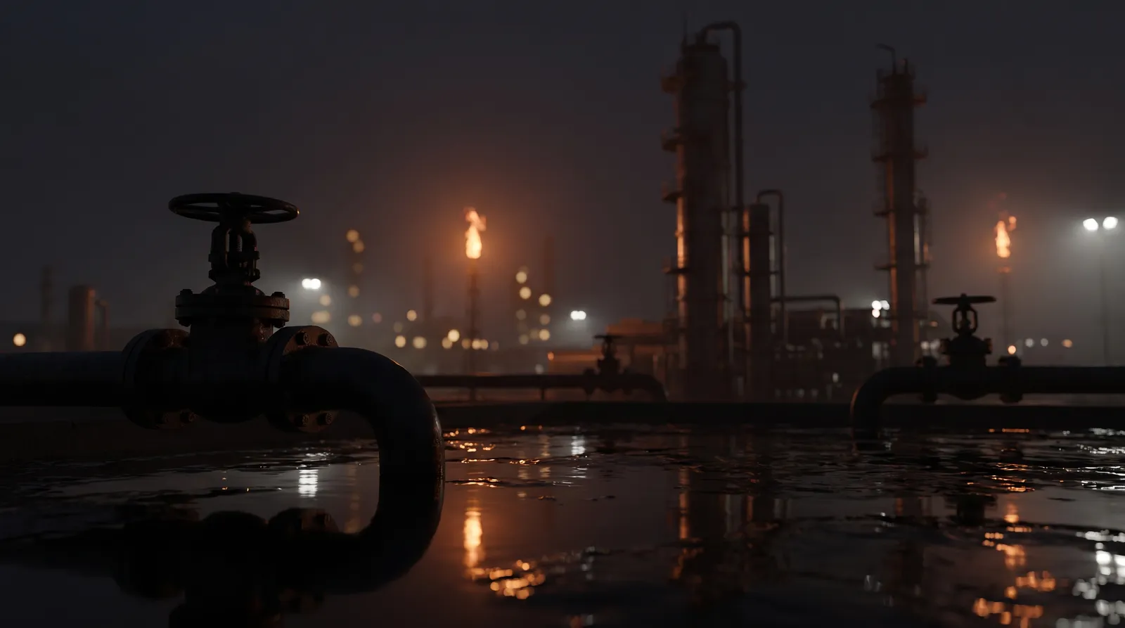 Refinery pipework in silhouette above a reflective black oil surface