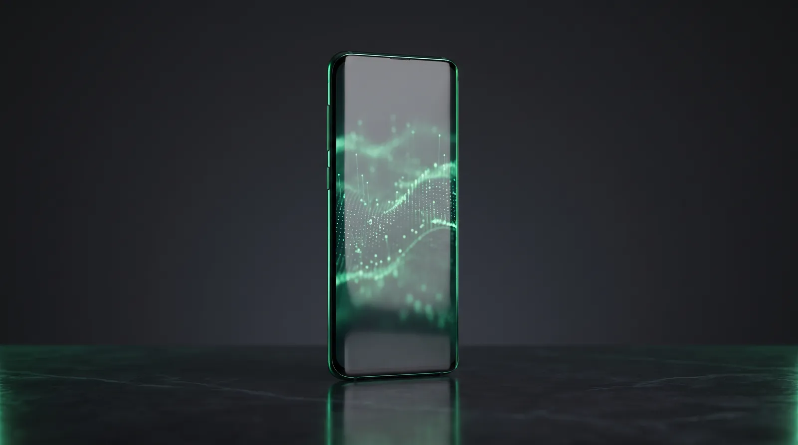 A smartphone upright on dark stone, its screen casting a green chart glow