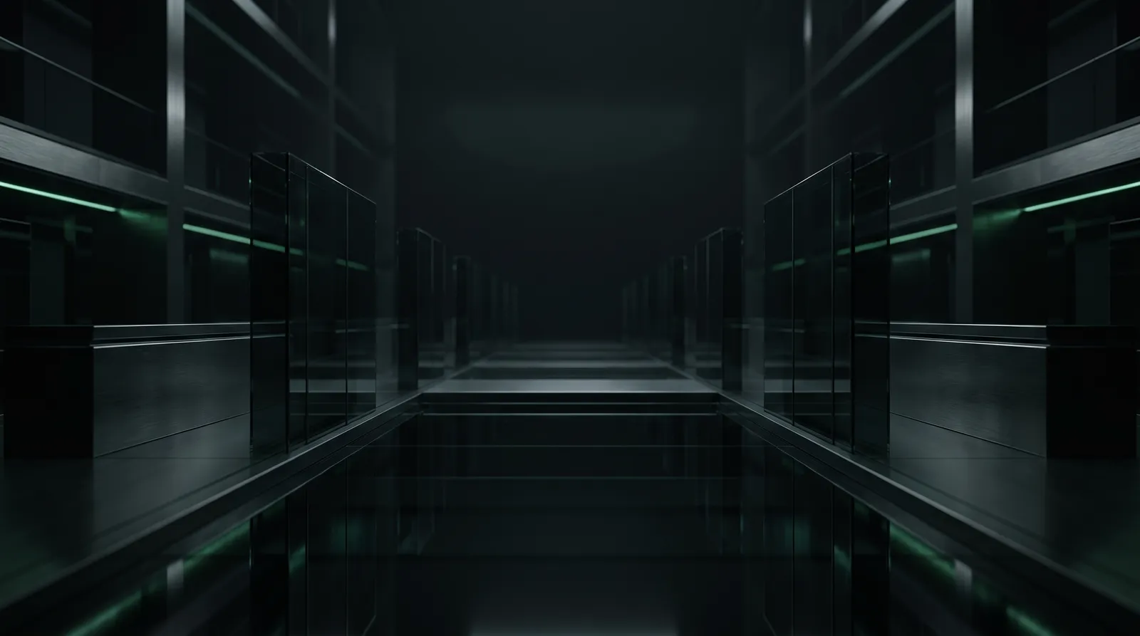 Rows of dark reflective glass panels receding into shadow, like an exchange interior