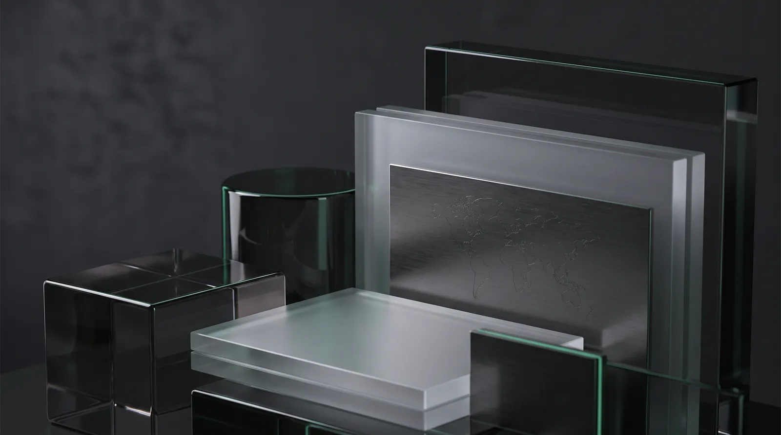 Layered dark glass planes with a faint etched world map, lit by a green accent